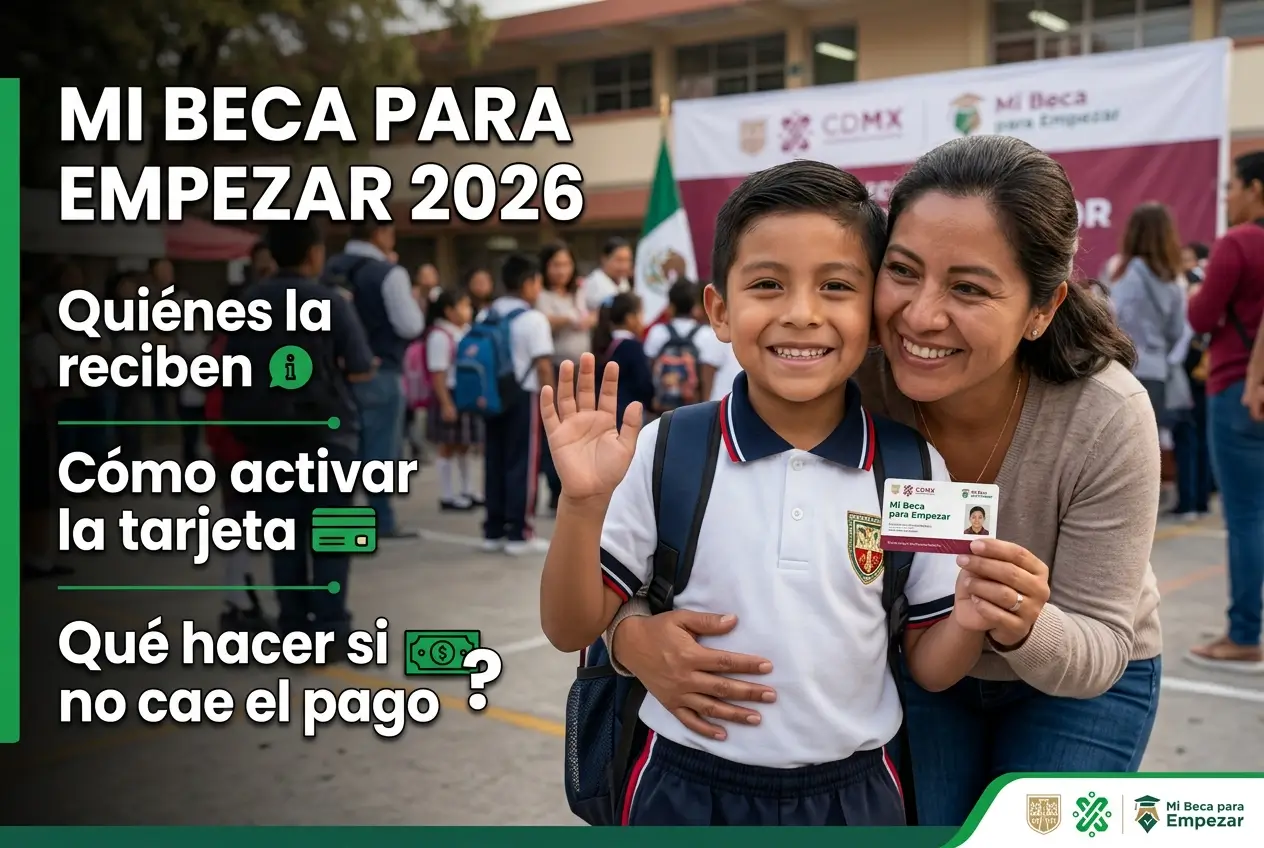 Menino com uniforme escolar segurando cartão Mi Beca para Empezar