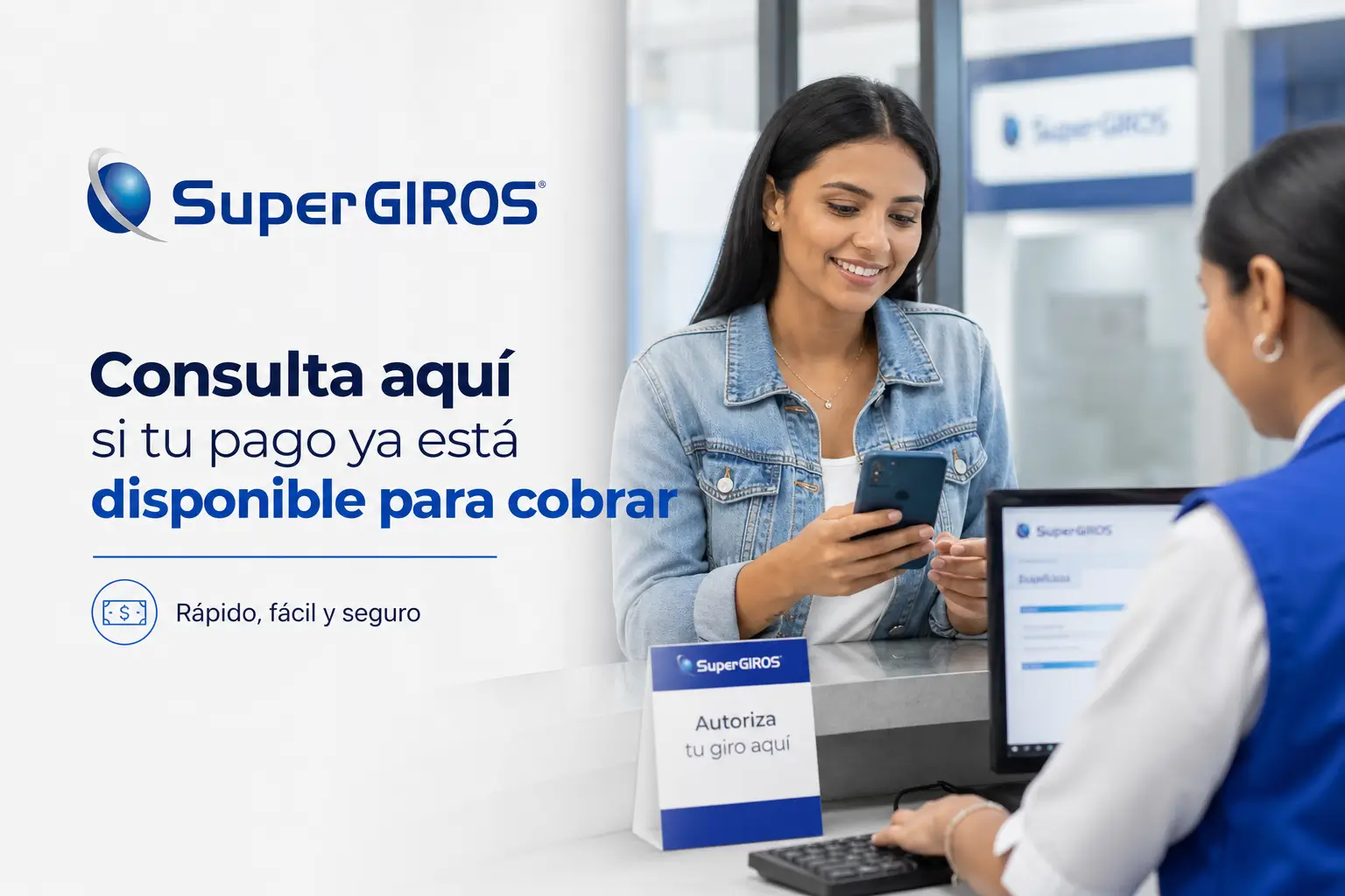 Mulher em atendimento com smartphone para pagamento SuperGIROS